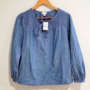 J Crew Denim Tie Neck Smocked Top In Women's Size Small NWT